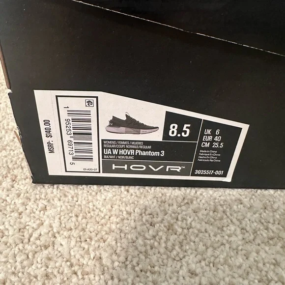 UNDER ARMOUR HOVR Phantom 3 Shoe - Black/White Size 8.5 NEW in Box - Picture 2 of 4